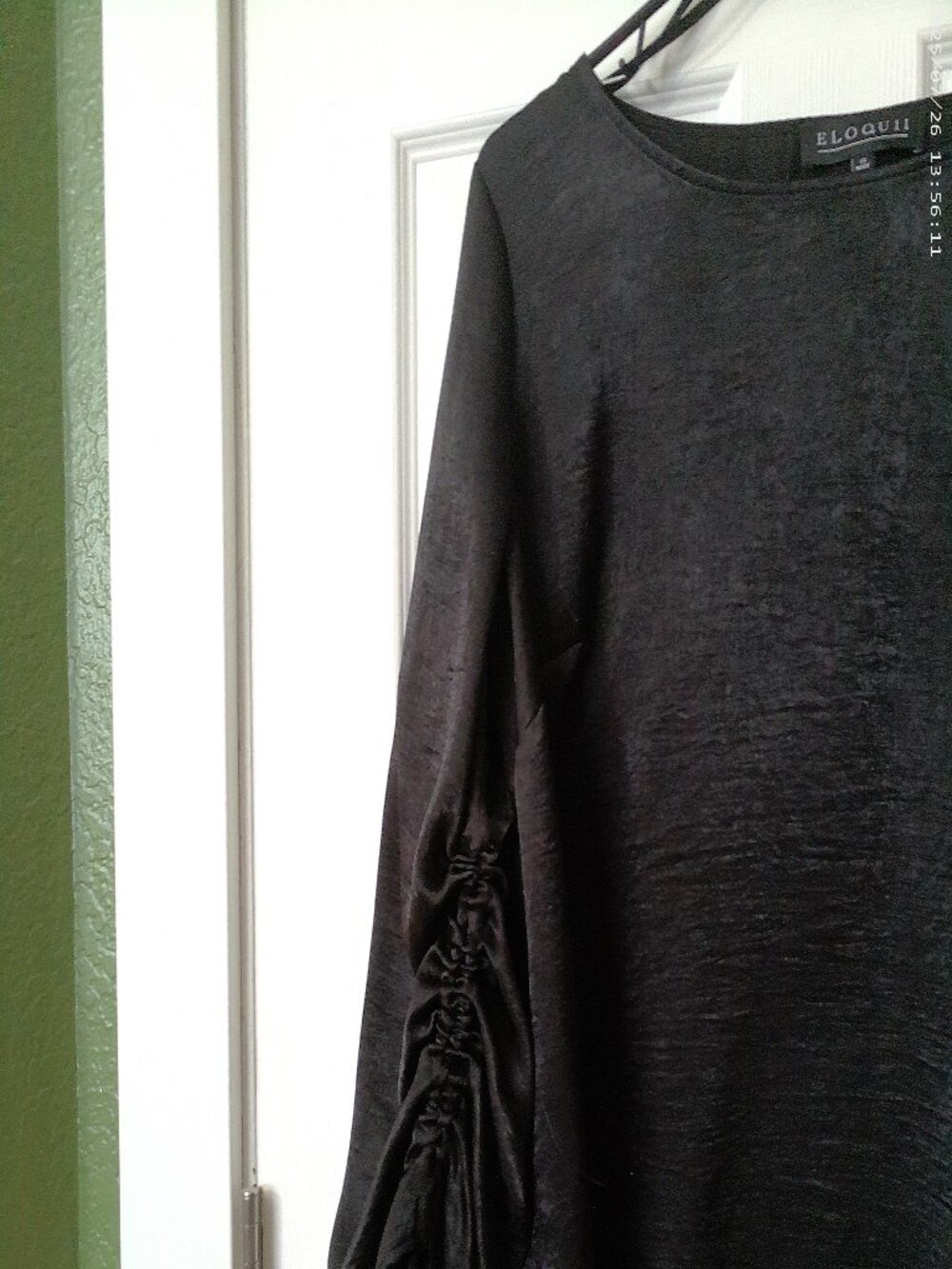 Eloquii Black Satin Ruched Sleeve Blouse